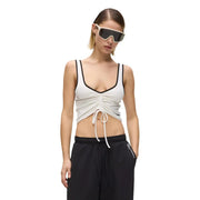 Weißer, geraffter Schnitt top mit schwarzem Besatz und Kordelzugdetail von Karl Lagerfeld Jeans Damen weißes gerafftes Bralette top V-Ausschnitt