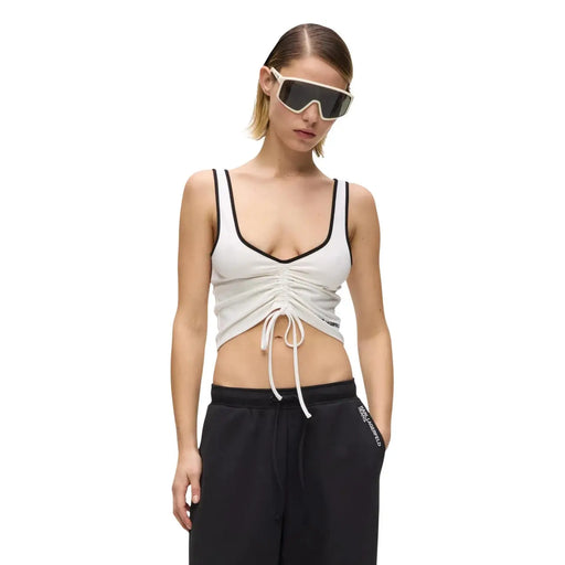 Weißer, geraffter Schnitt top mit schwarzem Besatz und Kordelzugdetail von Karl Lagerfeld Jeans Damen weißes gerafftes Bralette top V-Ausschnitt