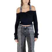 Black Karl Lagerfeld Jeans womens off-the-shoulder ribbed knit crop top with branded shoulder straps in cotton wool blend