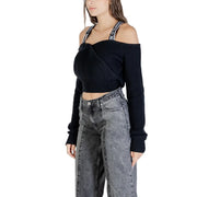 Karl Lagerfeld Jeans womens long black cotton wool knit sweater with ribbed off-shoulder crop top and striped straps