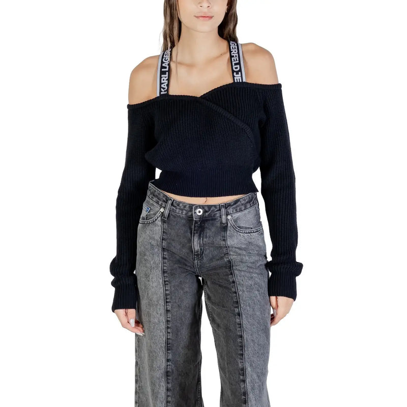 Black Karl Lagerfeld Jeans womens off-the-shoulder ribbed knit crop top with branded shoulder straps in cotton wool blend