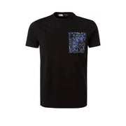 Karl Lagerfeld Schwarzes Herren-T-Shirt aus Baumwolle mit einer glitzernden blauen Paillettentasche auf der Vorderseite