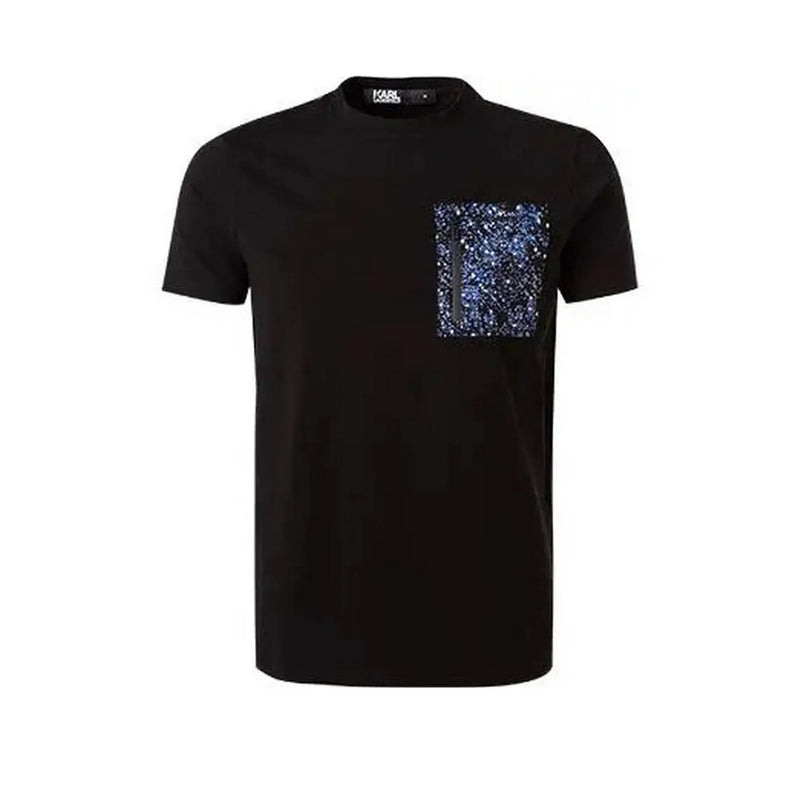 Karl Lagerfeld Schwarzes Herren-T-Shirt aus Baumwolle mit einer glitzernden blauen Paillettentasche auf der Vorderseite