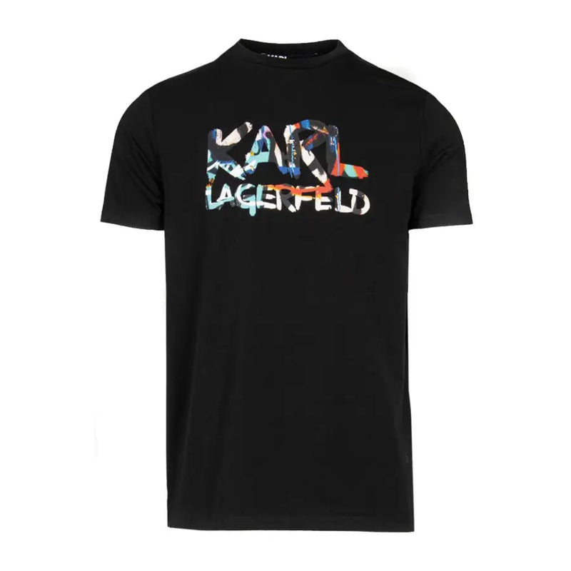 Schwarz Karl Lagerfeld Männer t-shirt mit einem lebendigen Logo im Graffiti-Stil und mehrfarbigen blauen, orangen und weißen Farbtupfern