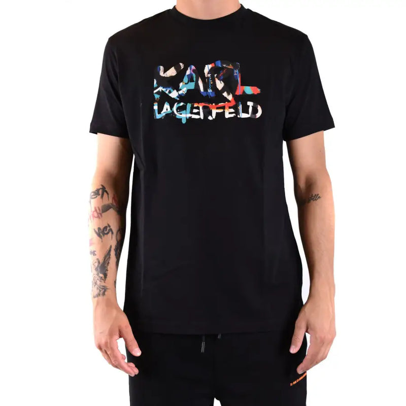Schwarz Karl Lagerfeld Männer t-shirt mit einem farbenfrohen Logodruck im Graffiti-Stil auf weichem Baumwollstoff