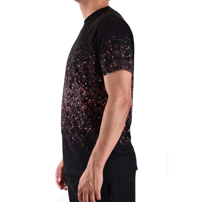 Karl Lagerfeld Männer t-shirt schwarzes Kurzarmshirt mit kosmischem rosa-weißem Glitzer-Sprenkelmuster