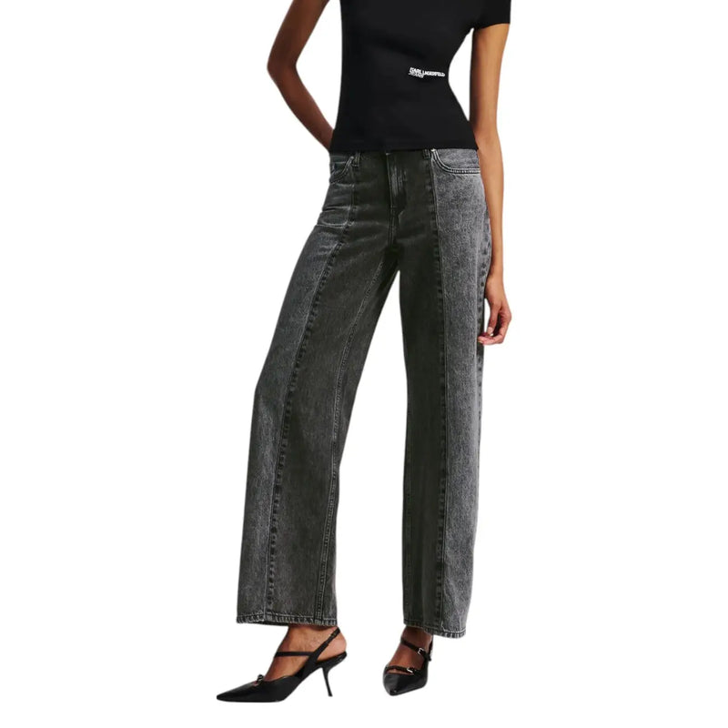 Karl Lagerfeld women black cotton jeans in dark gray wide-leg denim with faded wash and visible stitching