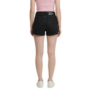 Black denim women cotton shorts with high waist and back pockets featuring karl lagerfeld logo on belt loop back view