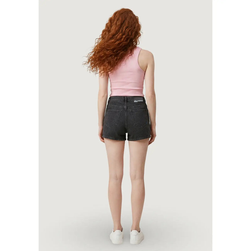 Back side of dark-wash black denim cotton shorts with classic five-pocket design and karl lagerfeld label on waistband