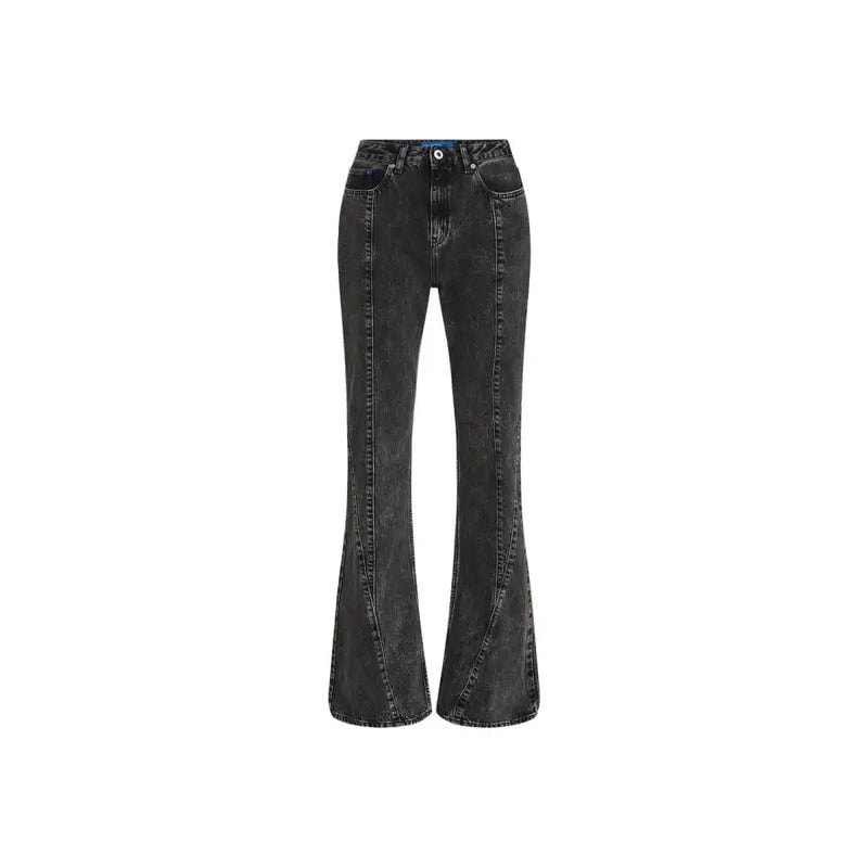 Karl lagerfeld women’s black cotton denim flare pants with high waist and subtle fading details front view