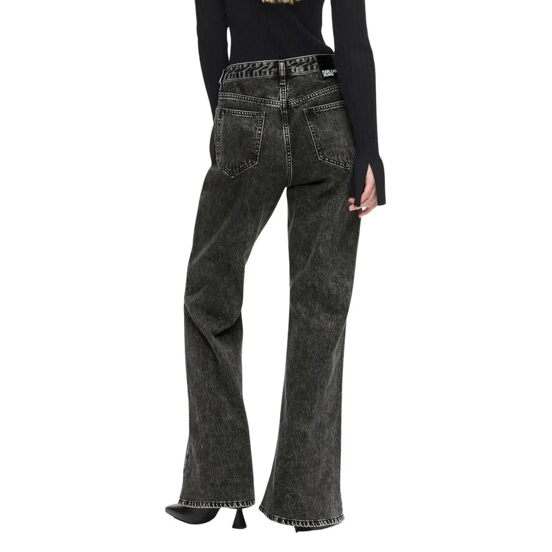 Karl Lagerfeld women’s black cotton wide-leg jeans with faded distressed finish and contrasting white stitching