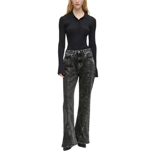 Karl Lagerfeld black ribbed knit long-sleeve polo shirt