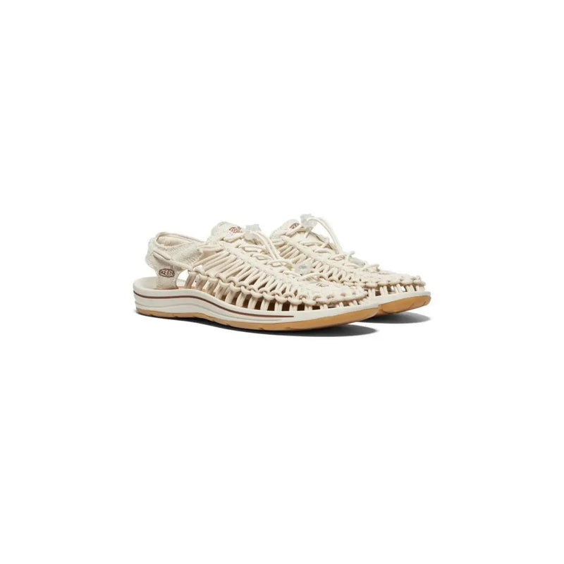 Keen women beige sandals slip on flat featuring cream macramé woven upper and tan rubber sole