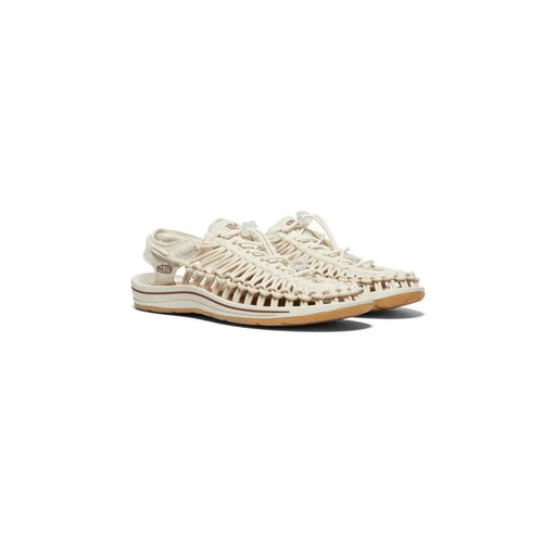 Keen women beige sandals slip on flat featuring cream macramé woven upper and tan rubber sole