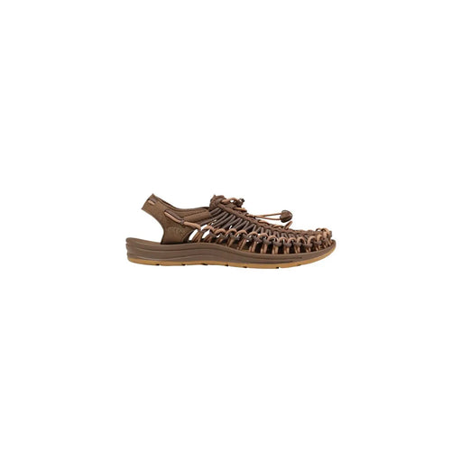Brown woven leather keen women sandals with braided design and adjustable strap for spring use