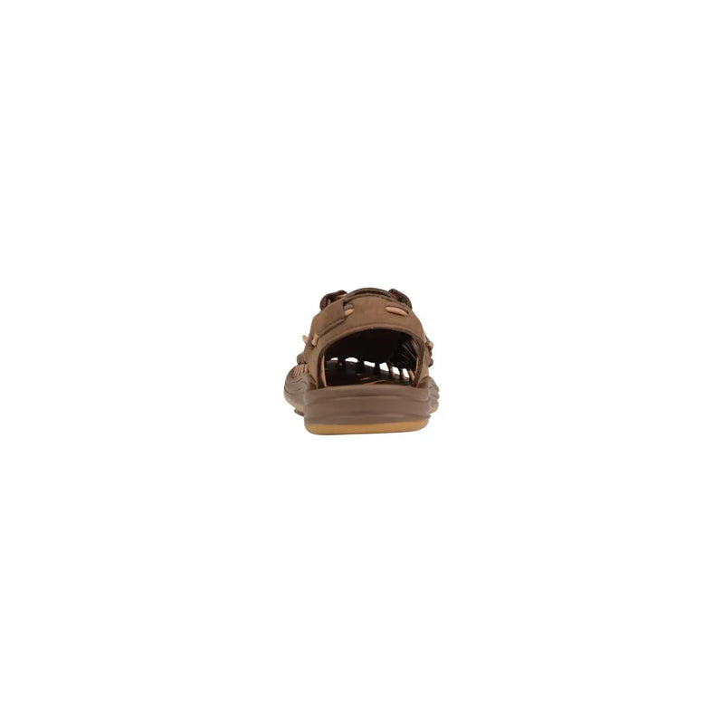 Keen women sandals in brown synthetic leather with woven design and tan rubber sole for spring use