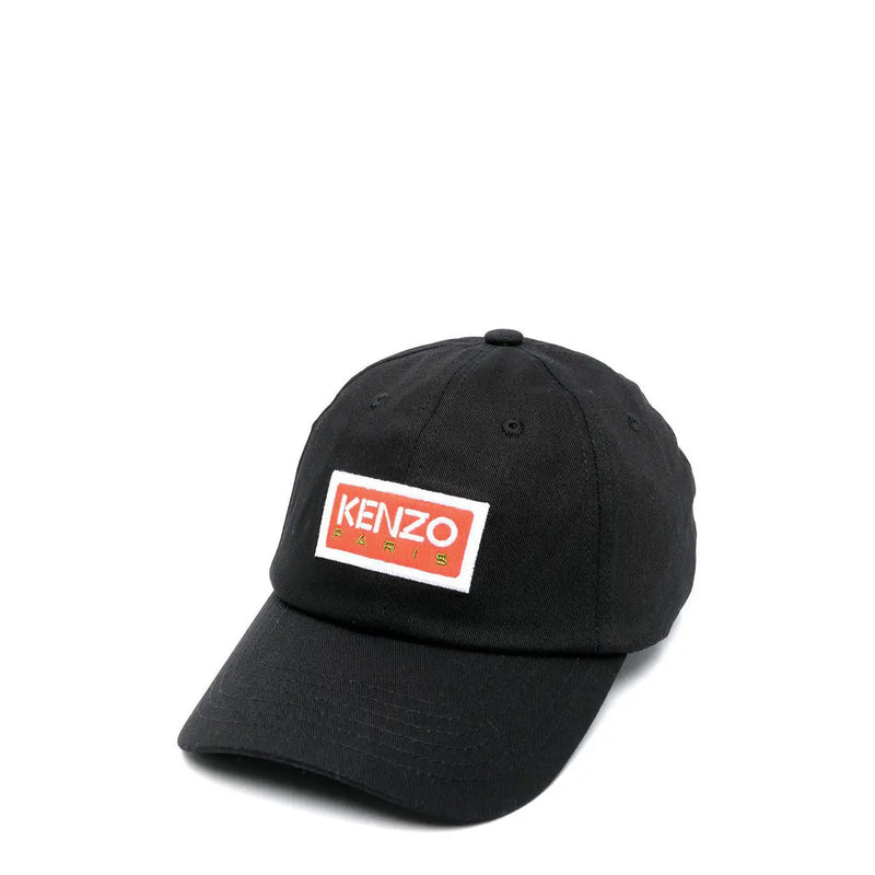 Schwarze Kenzo Paris Herren-Baseballkappe aus Baumwolle mit rechteckigem orange-weißem Logo-Patch auf der Vorderseite