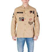 Khaki button-down shirt with patches from Replay Men’s Classic Long Green Shirt collection