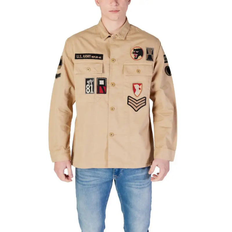 Khaki button-down shirt with patches from Replay Men’s Classic Long Green Shirt collection