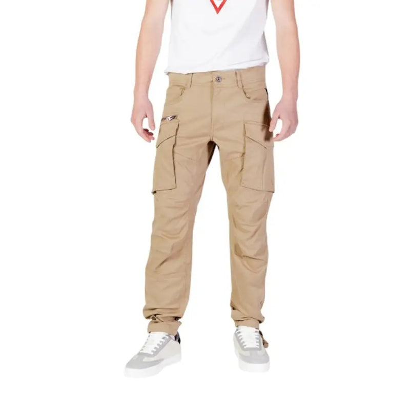 Khaki cargo pants displayed alongside Replay Men’s Black Jeans with Zip and Button Closure