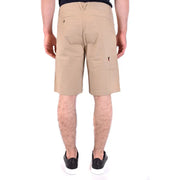Beige khaki cargo shorts with multiple pockets and subtle brand logo on the back waistband shown from the back side