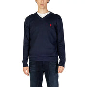 Marineblauer V-Ausschnitt-Pullover mit rot-weißem Logo, US-Modell