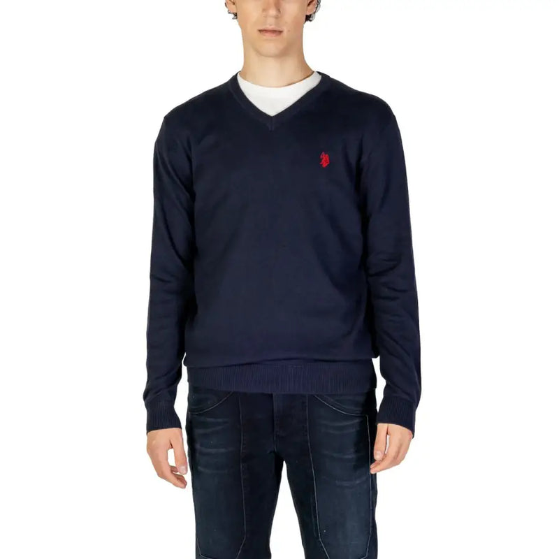 Marineblauer V-Ausschnitt-Pullover mit rot-weißem Logo, US-Modell