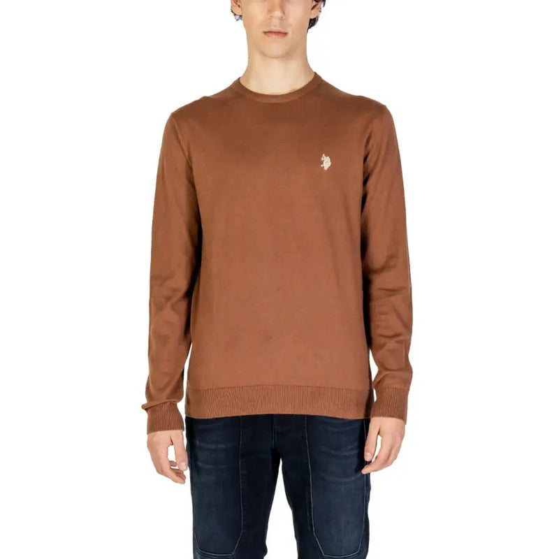 Brown crewneck sweater with small logo on chest, u.s.