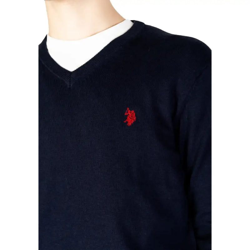 Navy blue knitted v-neck sweater with red embroidered horse logo on left chest from knitted clothing collection