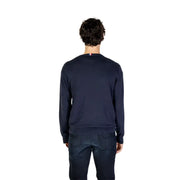 Navy blue knit sweater from knitted clothing collection with ribbed cuffs and hem and striped neckline tag