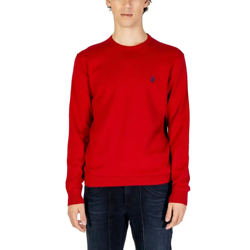 Red crewneck sweater with small logo on left chest, likely ralph lauren.