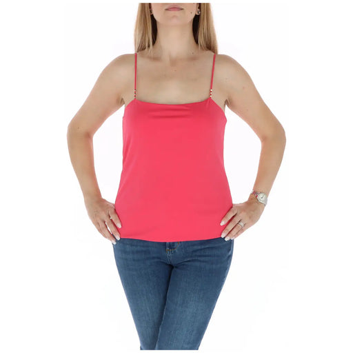 Kocca Damen fuchsiafarbene Riemchen top aus korallenfarbenem Polyester-Elastan mit goldfarbenen Perlenverzierungen an den Schulterträgern