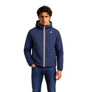 Marineblaue Kway Herren-Sakko-Jacke aus Polyester mit Kapuze, beigem Reißverschluss und dezentem Brustlogo