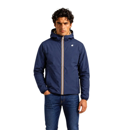 Marineblaue Kway Herren-Sakko-Jacke aus Polyester mit Kapuze, beigem Reißverschluss und dezentem Brustlogo