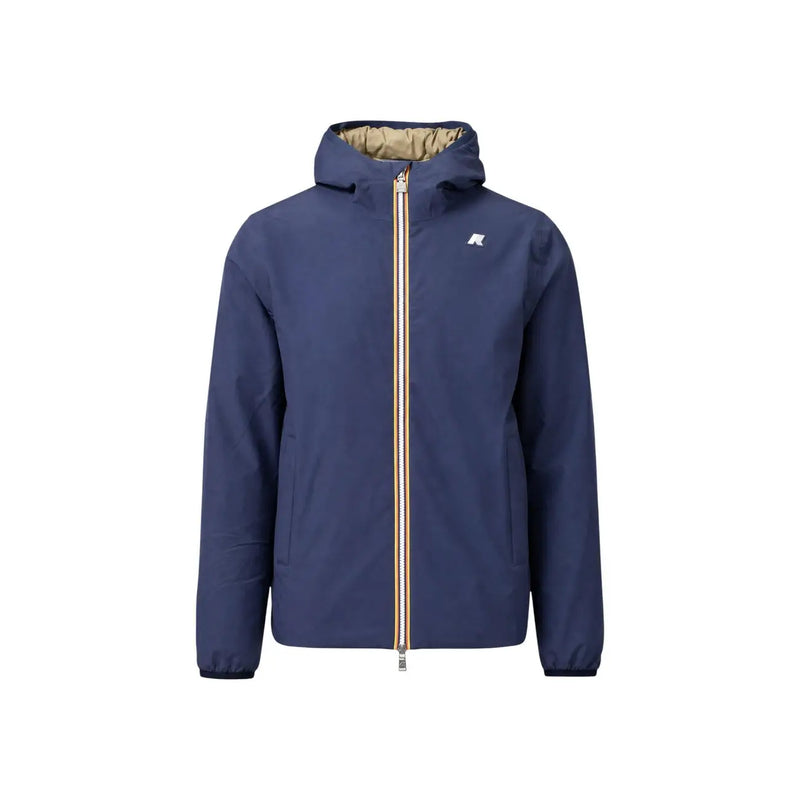 Marineblauer Kapuzenblazer aus Polyester mit Reißverschluss, beigem Reißverschluss und Futter sowie minimalistischem Brustlogo von Kway Men