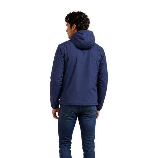 Marineblaue Kway Herren-Sakko-Jacke aus Polyester mit Kapuze und Reißverschluss, die eine elegante Vorderansicht zeigt