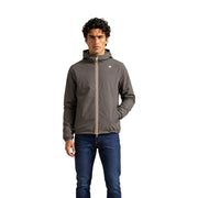Kway Herren-Blazerjacke aus blauem Polyester mit Kapuze und Reißverschluss in elegantem Dunkelgrau mit gestreiftem Reißverschluss und kleinem Logo auf der Brust.