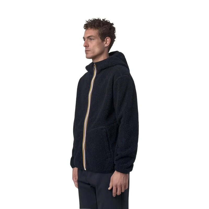 Schwarzer Fleece-Hoodie mit Struktur und kontrastierendem gelb-weißem Reißverschluss von Kway, blauer Fleece-Sherpa-Kapuzenblazer mit Reißverschluss für Herren