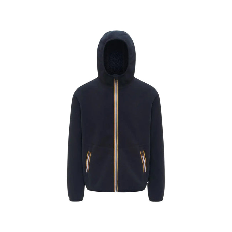 Der blaue Herren-Fleeceblazer von Kway mit Kapuze und Reißverschluss ist aus dunkelblauem Sherpa-Fleece gefertigt und verfügt über einen goldfarbenen Reißverschluss sowie Seitentaschen.