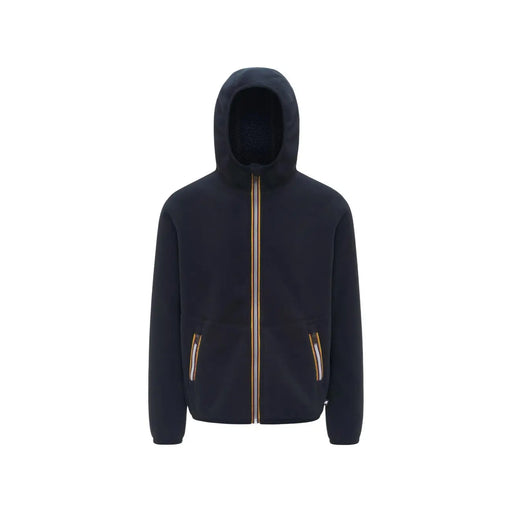 Der blaue Herren-Fleeceblazer von Kway mit Kapuze und Reißverschluss ist aus dunkelblauem Sherpa-Fleece gefertigt und verfügt über einen goldfarbenen Reißverschluss sowie Seitentaschen.