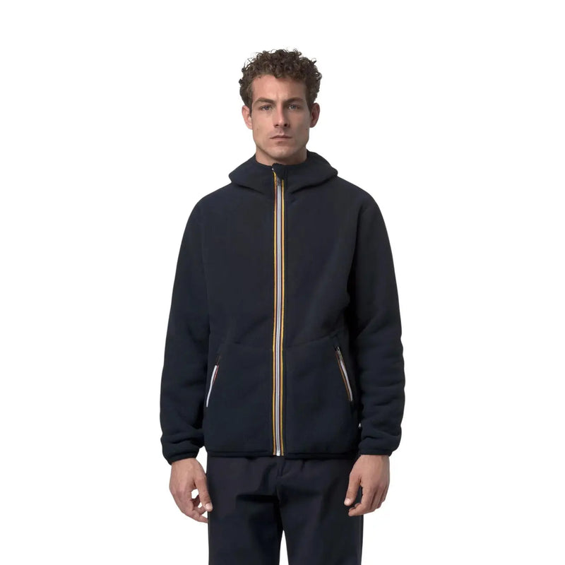 Marineblauer Kway Herren-Fleeceblazer mit Sherpa-Fleece, Kapuze, Reißverschluss, gold-weiß gestreiftem Reißverschlussanhänger und Seitentaschen
