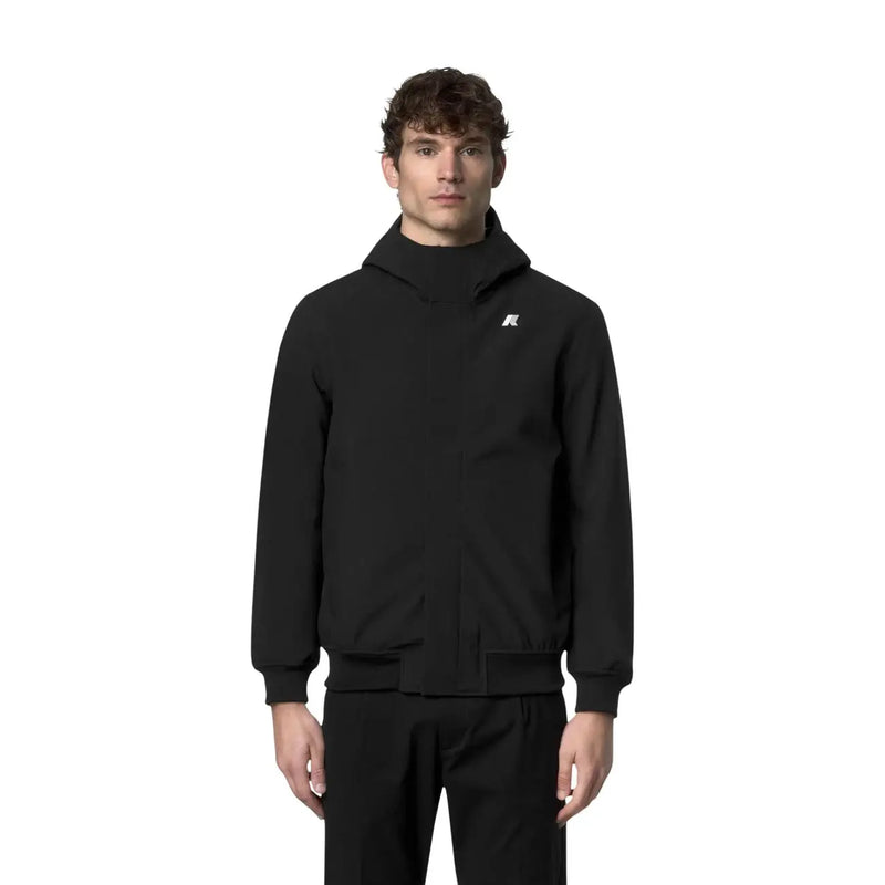Schwarze Polyamidjacke mit Kapuze und dezentem weißen Logo auf der Brust, blauer Winterblazer von Kway für Herren