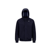 Der blaue Herren-Winterblazer von Kway aus Polyamid mit Kapuze ist ein dunkelblauer Kapuzenpullover mit Reißverschluss, dezentem weißen Logo und reflektierenden Streifen an der Kapuze.