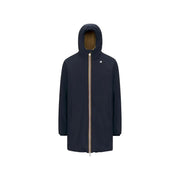 Kway Herren-Blazerjacke aus blauem Polyester mit Kapuze, dunkelblauem Mantel, goldfarbenem Reißverschluss und dezentem Brustlogo