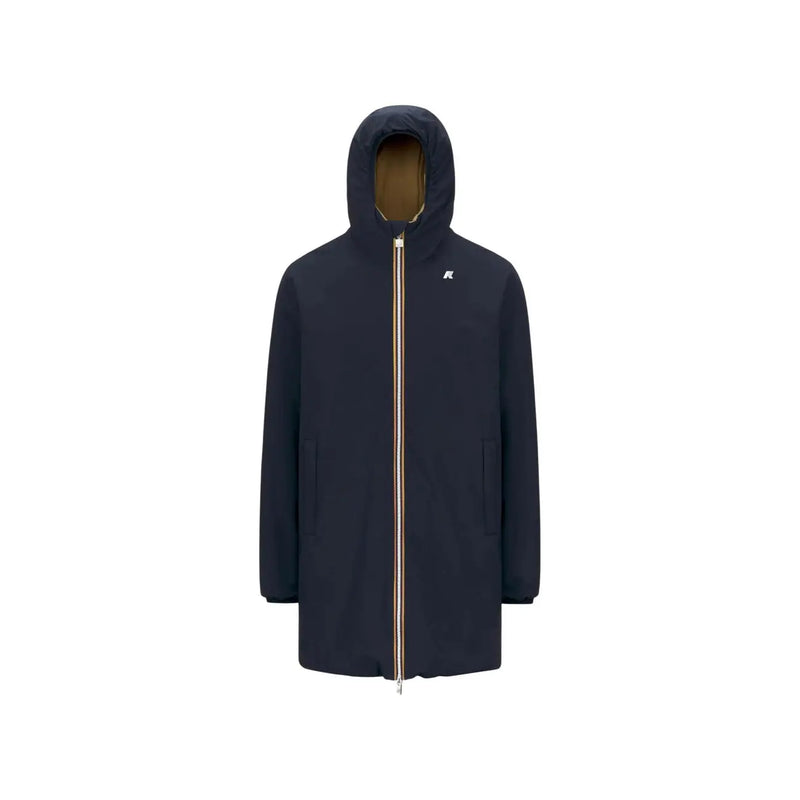 Kway Herren-Blazerjacke aus blauem Polyester mit Kapuze, dunkelblauem Mantel, goldfarbenem Reißverschluss und dezentem Brustlogo