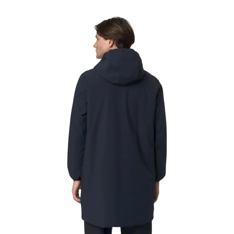Kway Herrenblazer-Jacke aus blauem Polyester mit Kapuze in elegantem Dunkelblau, minimalistischem Design und glattem Stoff