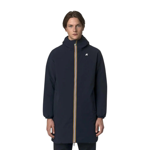 Marineblauer Kway Herrenblazer aus Polyester mit Kapuze und gold-weiß gestreiftem Reißverschlussanhänger