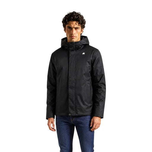 Kway Herren-Winterblazer, schwarze, wasserdichte Polyesterjacke mit Kapuze und dezentem weißen Logo auf der linken Brust