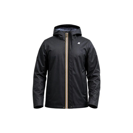 Kway Herren-Winterblazer, schwarze, wasserdichte Polyesterjacke mit Kapuze, goldenem Reißverschluss und dezentem Brustlogo