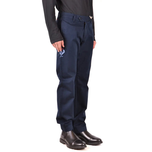 Navy blue la martina men trousers with subtle embroidered logo on thigh and metallic bird emblem at waistband